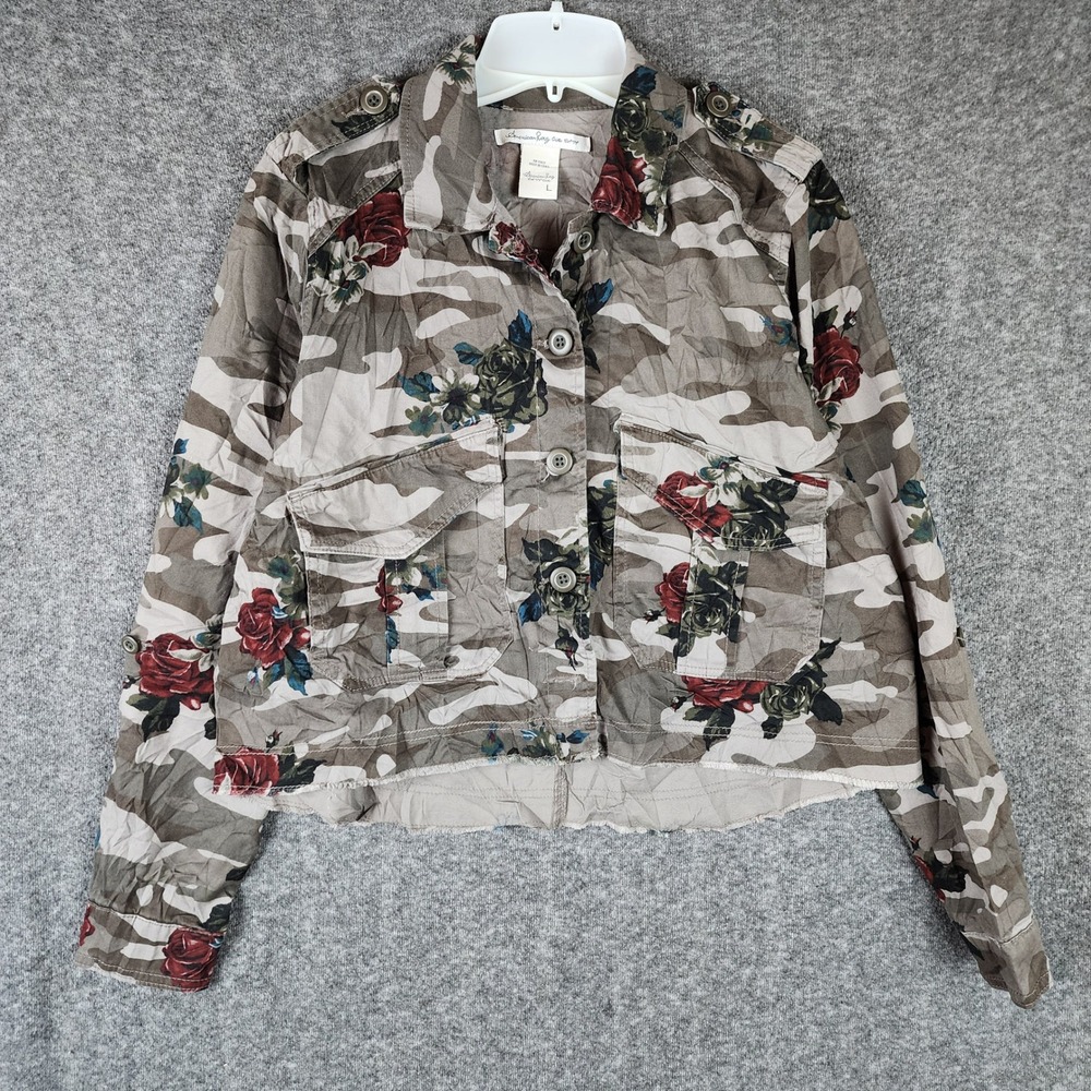 American Rag Jacket Womens L Camo Floral Cropped Frayed Hem Green Brown EUC
